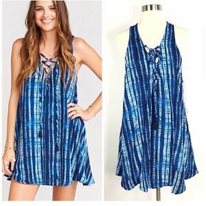 Show Me Your MUMU Lace Up Dress Tie Dye Blue White Beach Boho Rancho Mirage